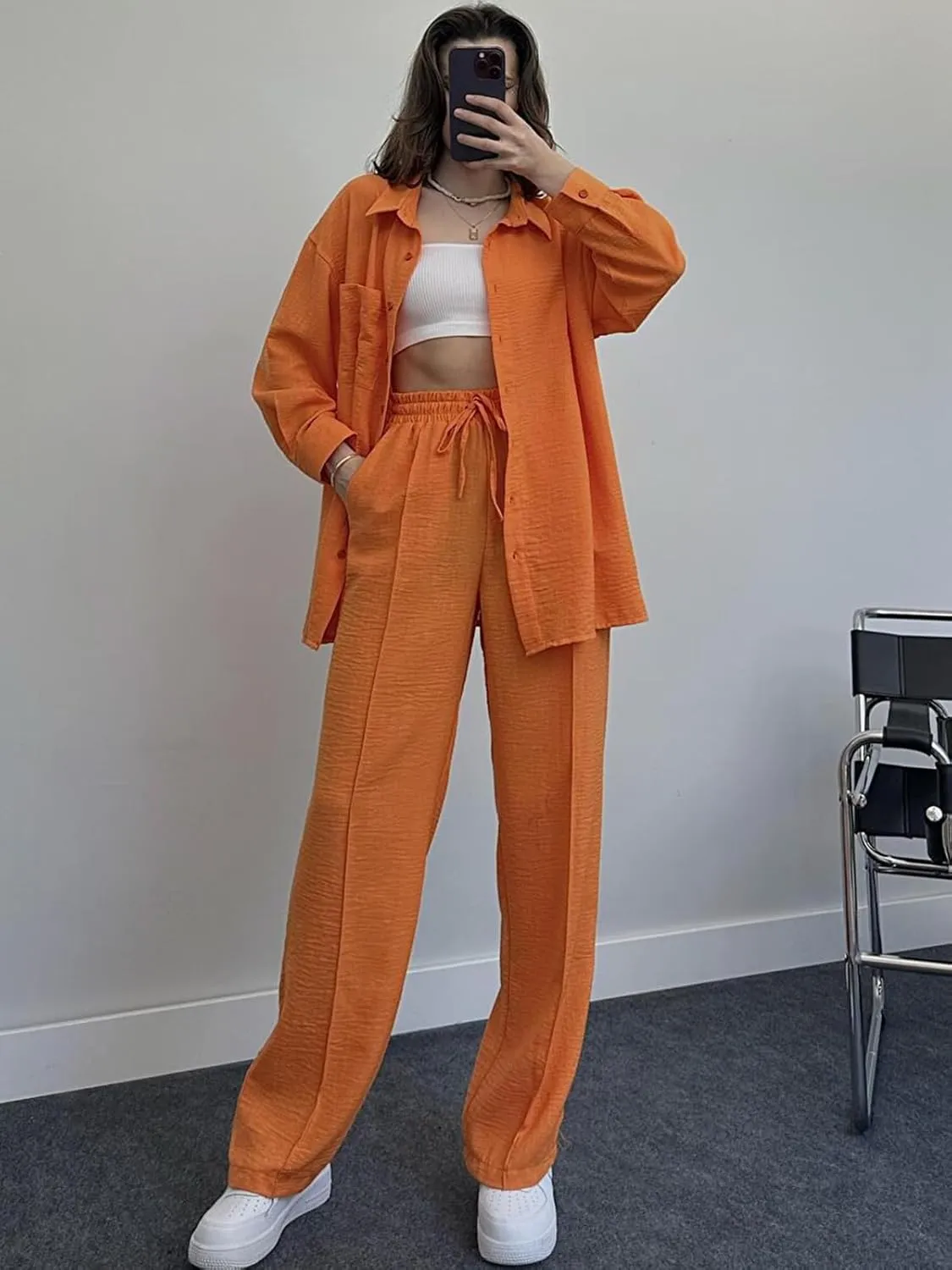 Women's 2 Piece Outfits Button Down Long Sleeve Shirt and Wide Leg Pants Set Trendy Loungewear Vacation Sets