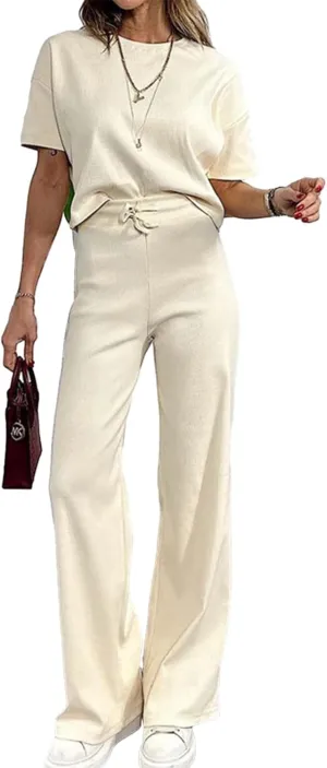 Women's 2 Piece Outfits Set Crew Neck Short Sleeve Crop Top and Wide Leg Pants Lounge Sets 2024 Summer Tracksuit