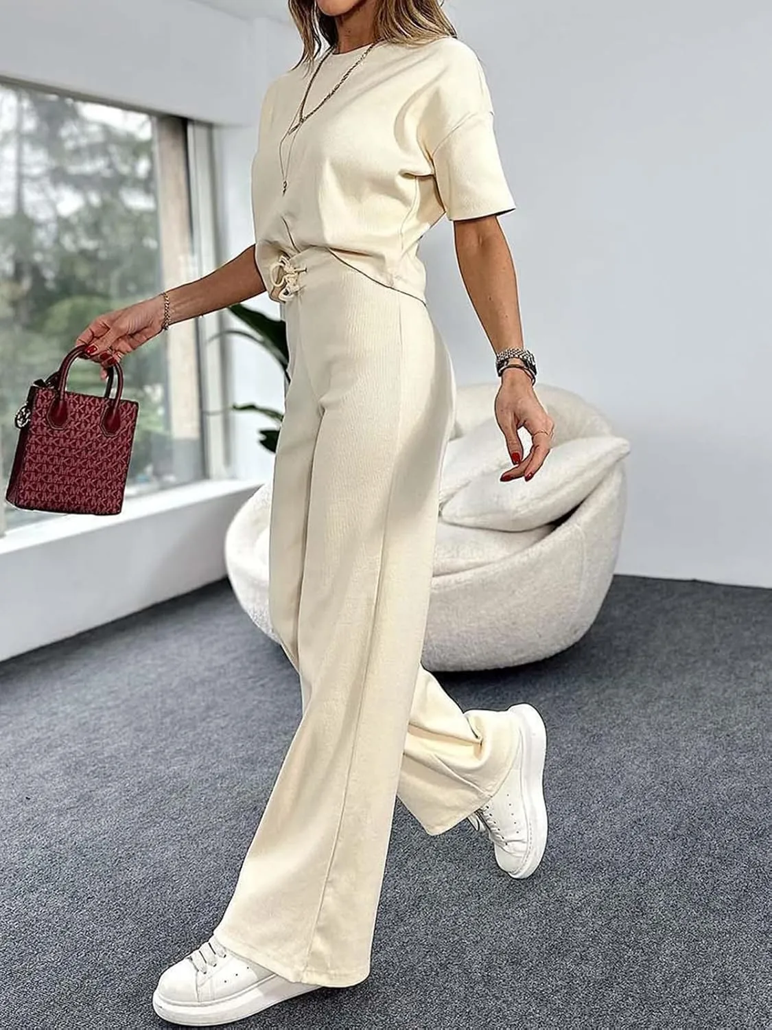 Women's 2 Piece Outfits Set Crew Neck Short Sleeve Crop Top and Wide Leg Pants Lounge Sets 2024 Summer Tracksuit