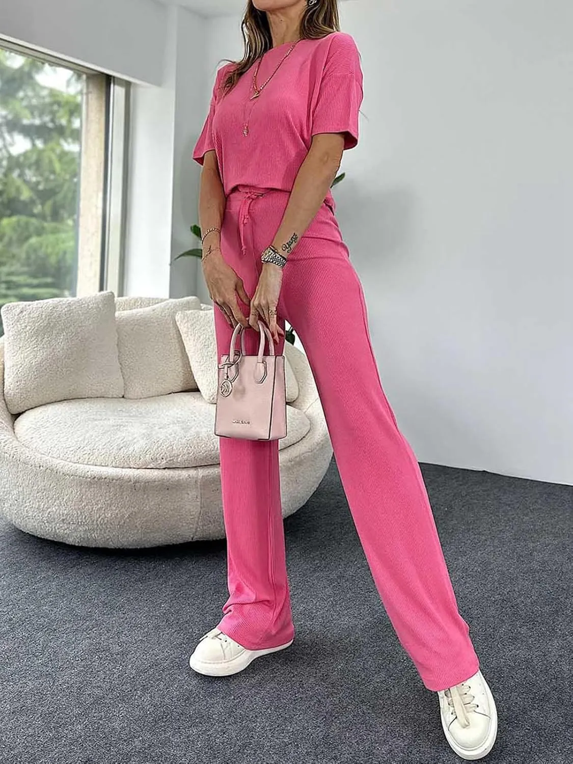 Women's 2 Piece Outfits Set Crew Neck Short Sleeve Crop Top and Wide Leg Pants Lounge Sets 2024 Summer Tracksuit