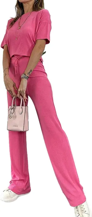 Women's 2 Piece Outfits Set Crew Neck Short Sleeve Crop Top and Wide Leg Pants Lounge Sets 2024 Summer Tracksuit