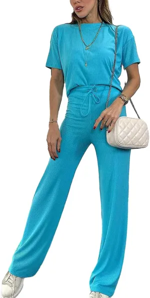 Women's 2 Piece Outfits Set Crew Neck Short Sleeve Crop Top and Wide Leg Pants Lounge Sets 2024 Summer Tracksuit