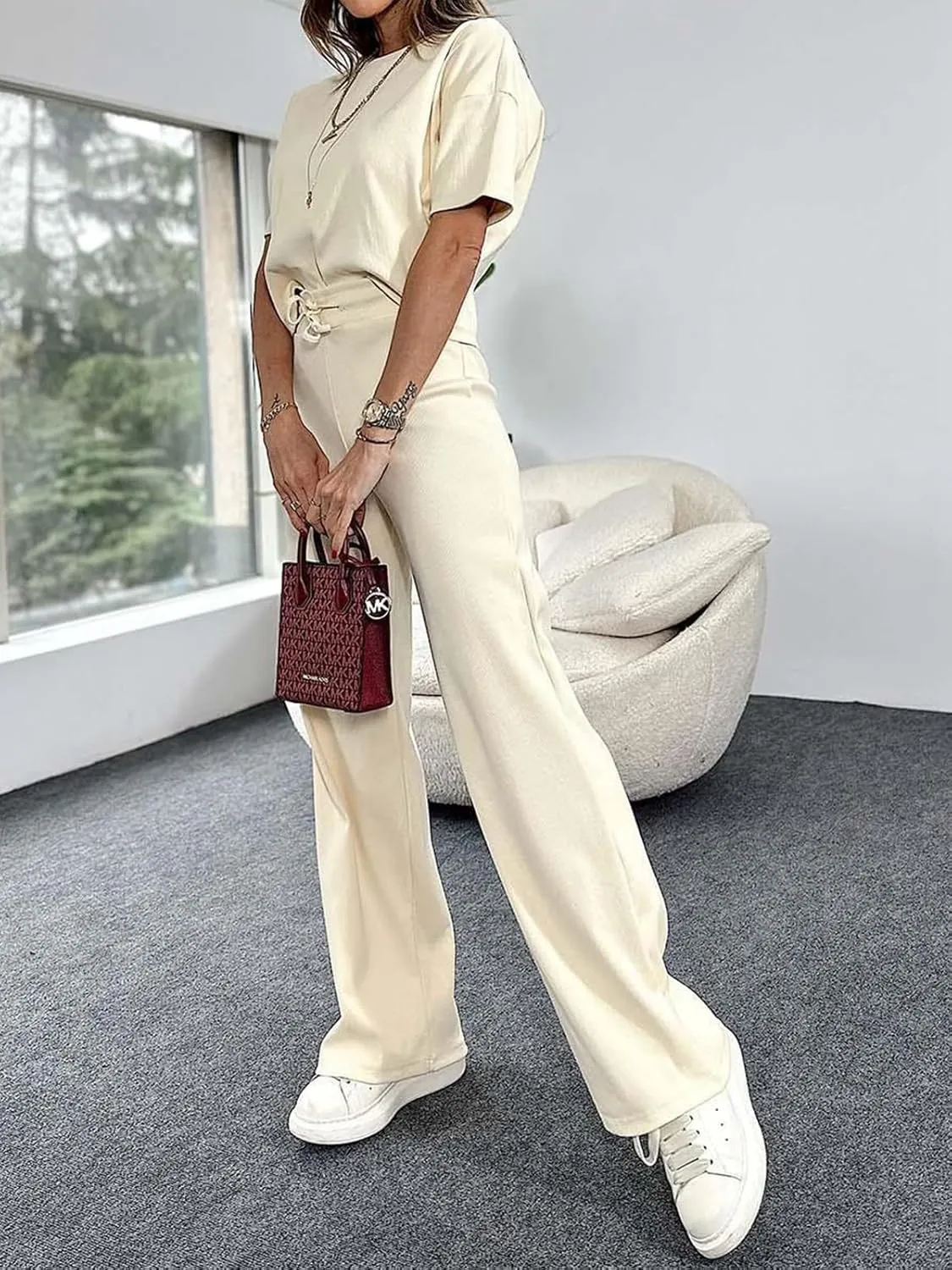 Women's 2 Piece Outfits Set Crew Neck Short Sleeve Crop Top and Wide Leg Pants Lounge Sets 2024 Summer Tracksuit