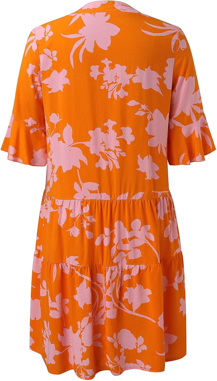 Women's 3/4 Puff Sleeves Ruffle Mini Dress V Neck Solid Pleated Dresses for Women 2024