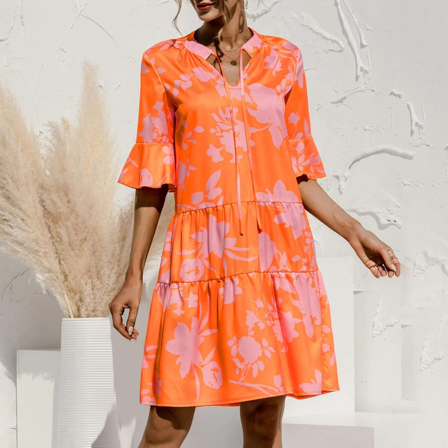 Women's 3/4 Puff Sleeves Ruffle Mini Dress V Neck Solid Pleated Dresses for Women 2024