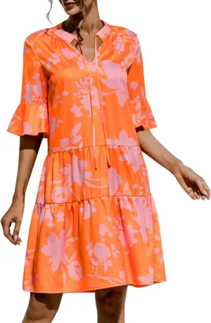 Women's 3/4 Puff Sleeves Ruffle Mini Dress V Neck Solid Pleated Dresses for Women 2024