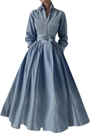 Women's Blue Denim Lapel Casual Maxi Dress 2025 Summer Style Long Sleeve High Waist Loose Hem with Side Pockets Dress