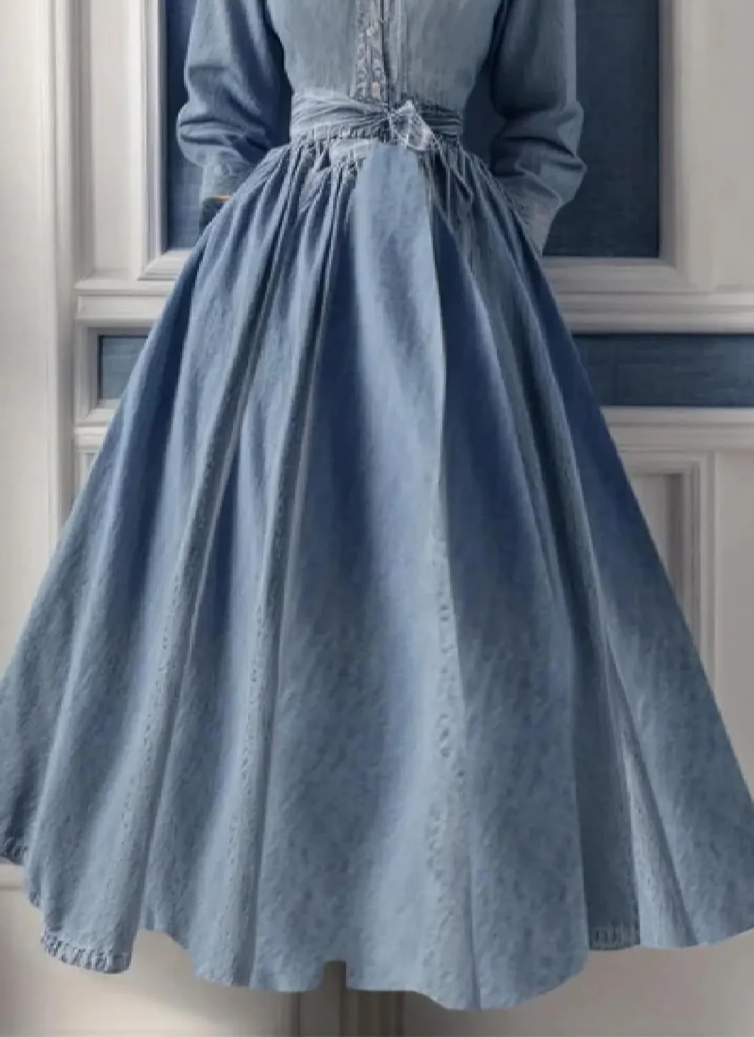 Women's Blue Denim Lapel Casual Maxi Dress 2025 Summer Style Long Sleeve High Waist Loose Hem with Side Pockets Dress