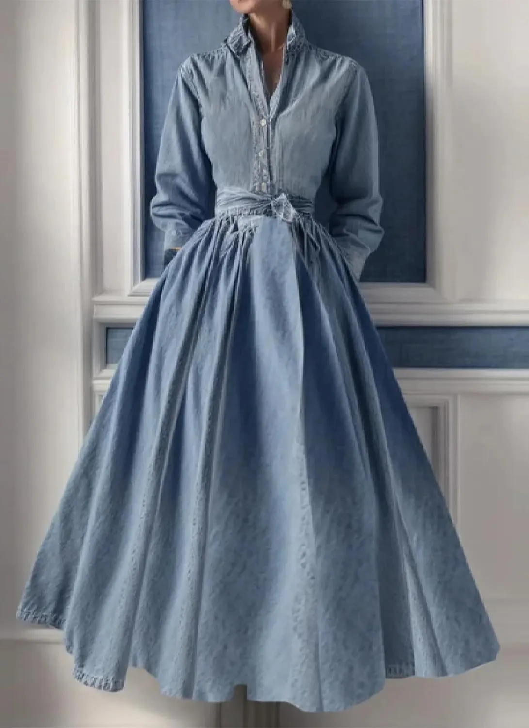 Women's Blue Denim Lapel Casual Maxi Dress 2025 Summer Style Long Sleeve High Waist Loose Hem with Side Pockets Dress