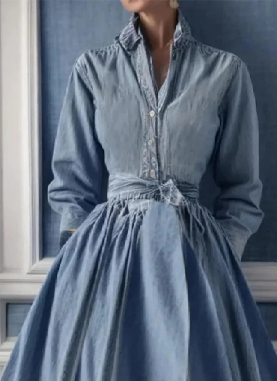 Women's Blue Denim Lapel Casual Maxi Dress 2025 Summer Style Long Sleeve High Waist Loose Hem with Side Pockets Dress