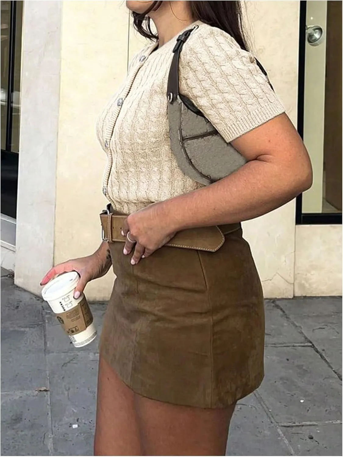 Women's Button Down Cable Knit Cardigan Short Sleeve Slim Fit Sweater Vintage Old Money Tops