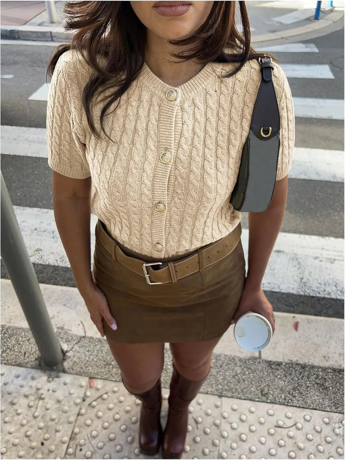 Women's Button Down Cable Knit Cardigan Short Sleeve Slim Fit Sweater Vintage Old Money Tops