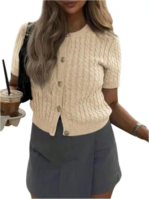 Women's Button Down Cable Knit Cardigan Short Sleeve Slim Fit Sweater Vintage Old Money Tops