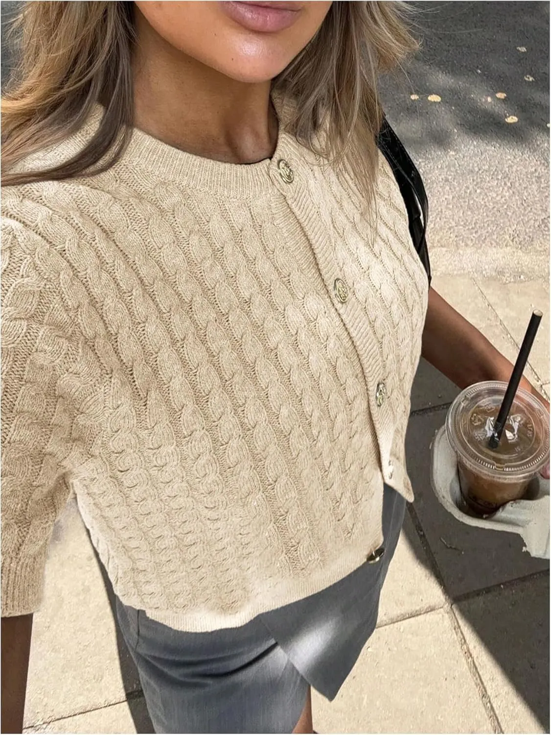 Women's Button Down Cable Knit Cardigan Short Sleeve Slim Fit Sweater Vintage Old Money Tops