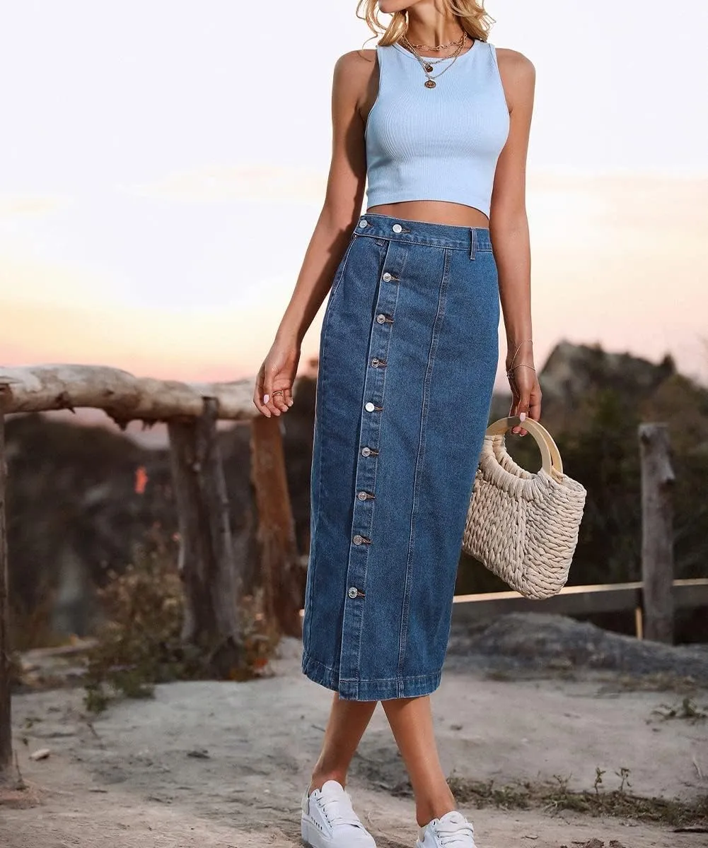 Women's Casual High Waisted Button Up Denim Midi Skirts Irregular Split A Line Jean Pencil Skirt