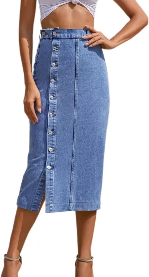 Women's Casual High Waisted Button Up Denim Midi Skirts Irregular Split A Line Jean Pencil Skirt