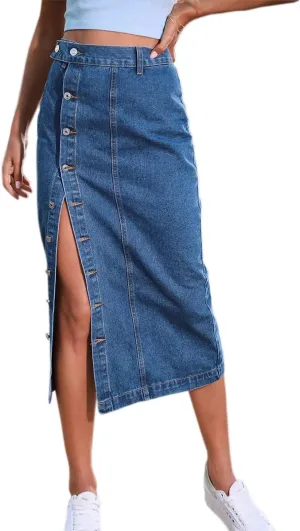 Women's Casual High Waisted Button Up Denim Midi Skirts Irregular Split A Line Jean Pencil Skirt