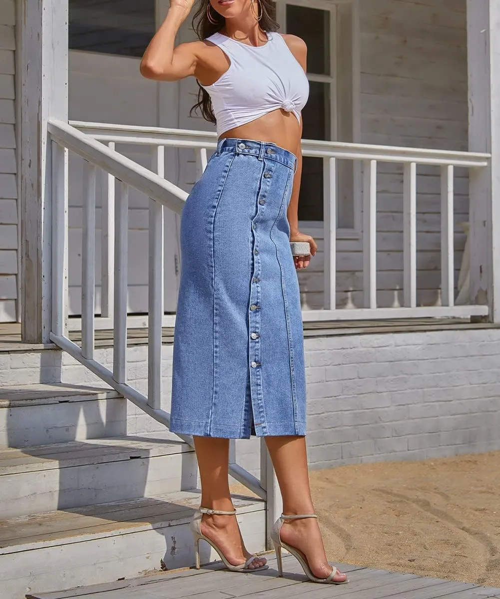 Women's Casual High Waisted Button Up Denim Midi Skirts Irregular Split A Line Jean Pencil Skirt