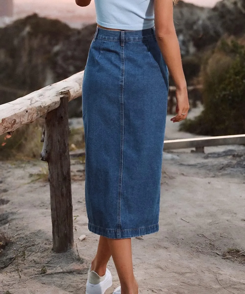 Women's Casual High Waisted Button Up Denim Midi Skirts Irregular Split A Line Jean Pencil Skirt