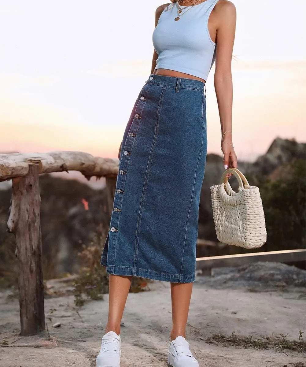 Women's Casual High Waisted Button Up Denim Midi Skirts Irregular Split A Line Jean Pencil Skirt