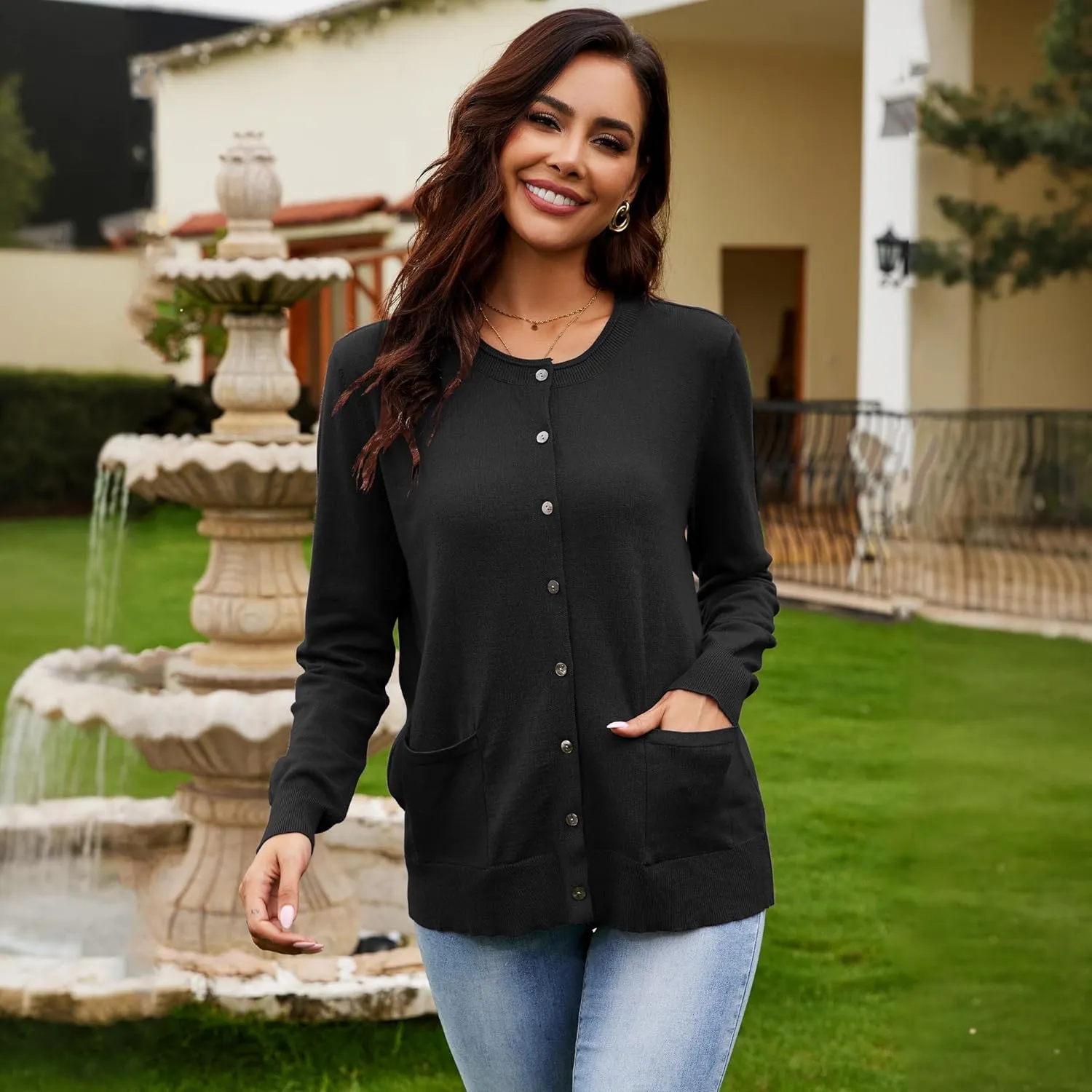 Women's Casual Open Front Button Long Sleeve Knit Pocket Lightweight Cardigan