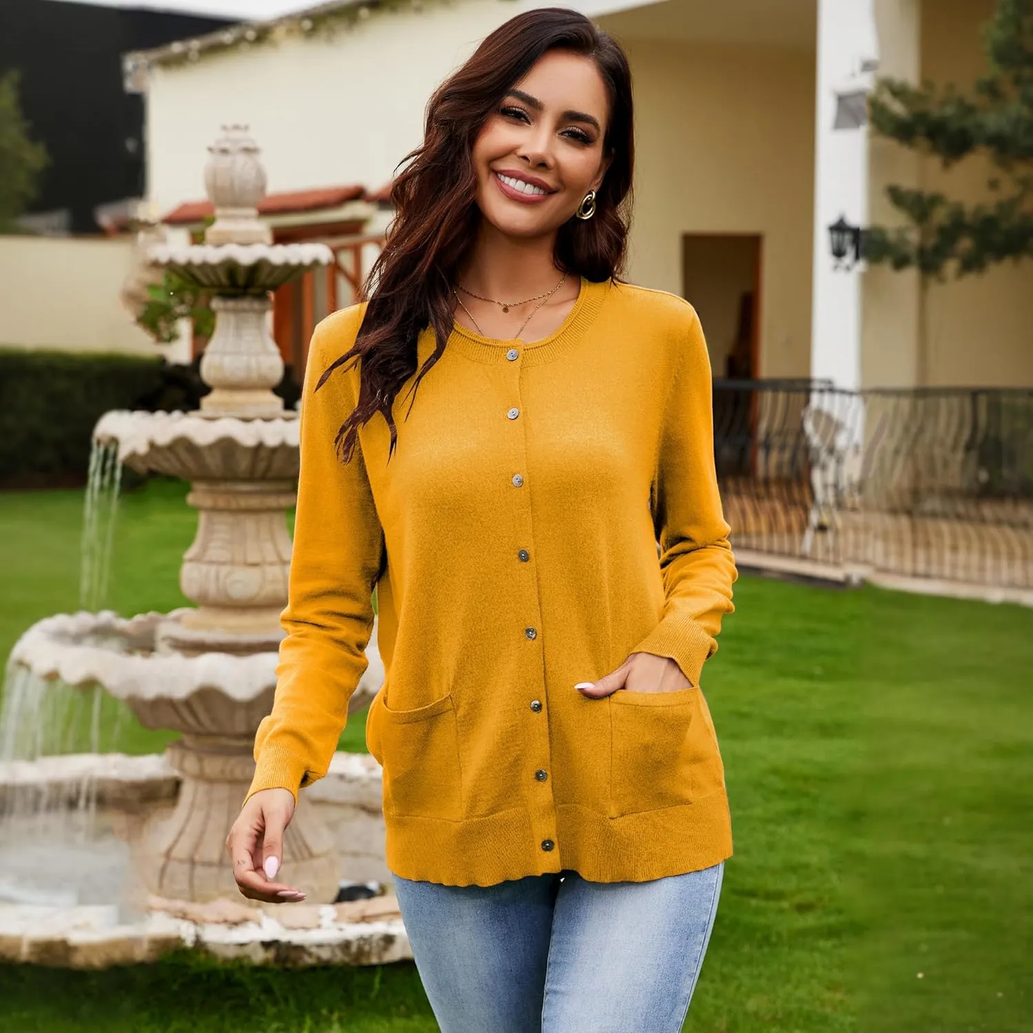 Women's Casual Open Front Button Long Sleeve Knit Pocket Lightweight Cardigan