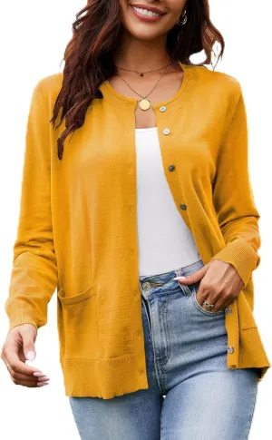 Women's Casual Open Front Button Long Sleeve Knit Pocket Lightweight Cardigan