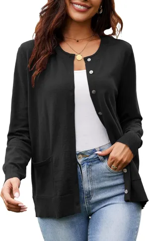 Women's Casual Open Front Button Long Sleeve Knit Pocket Lightweight Cardigan