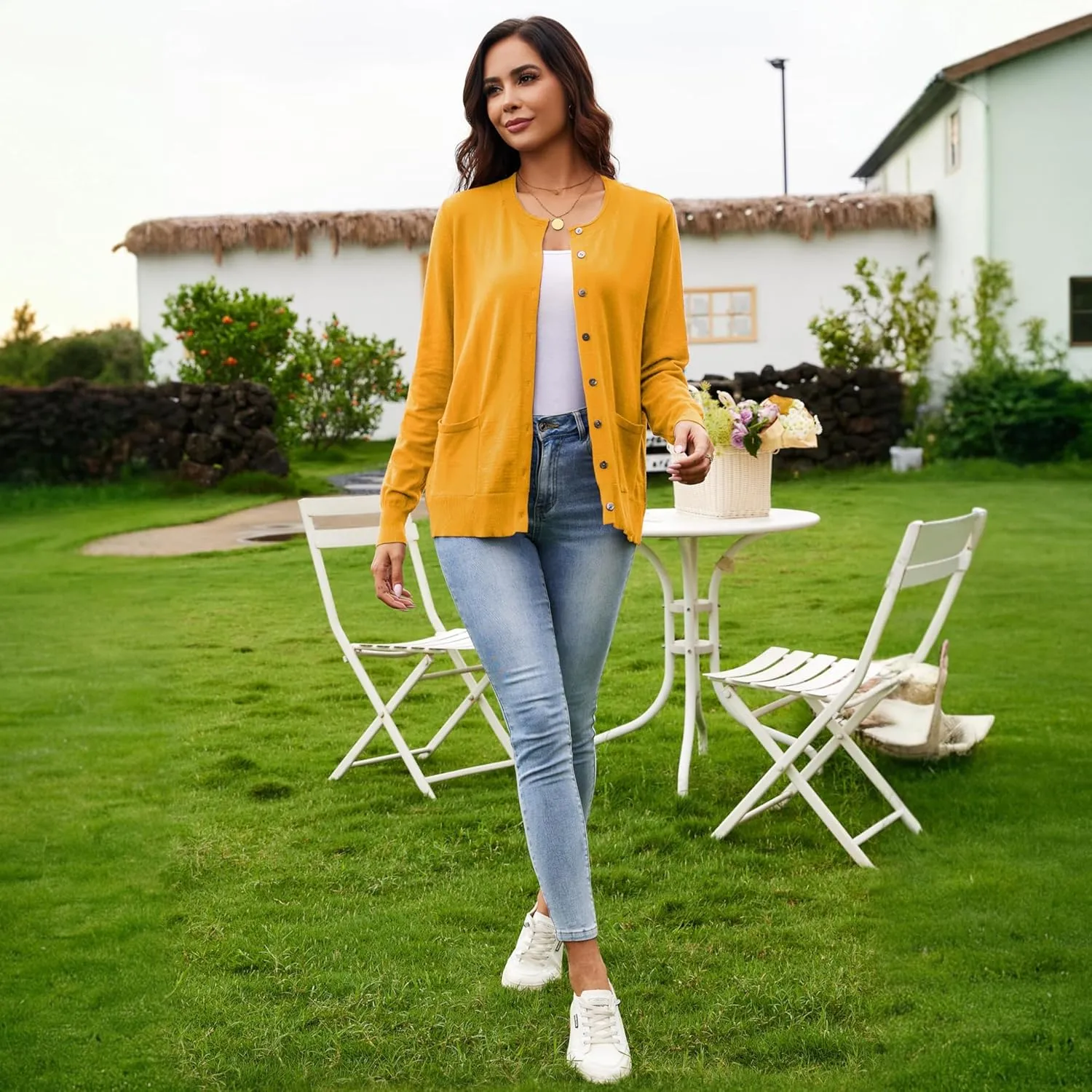 Women's Casual Open Front Button Long Sleeve Knit Pocket Lightweight Cardigan
