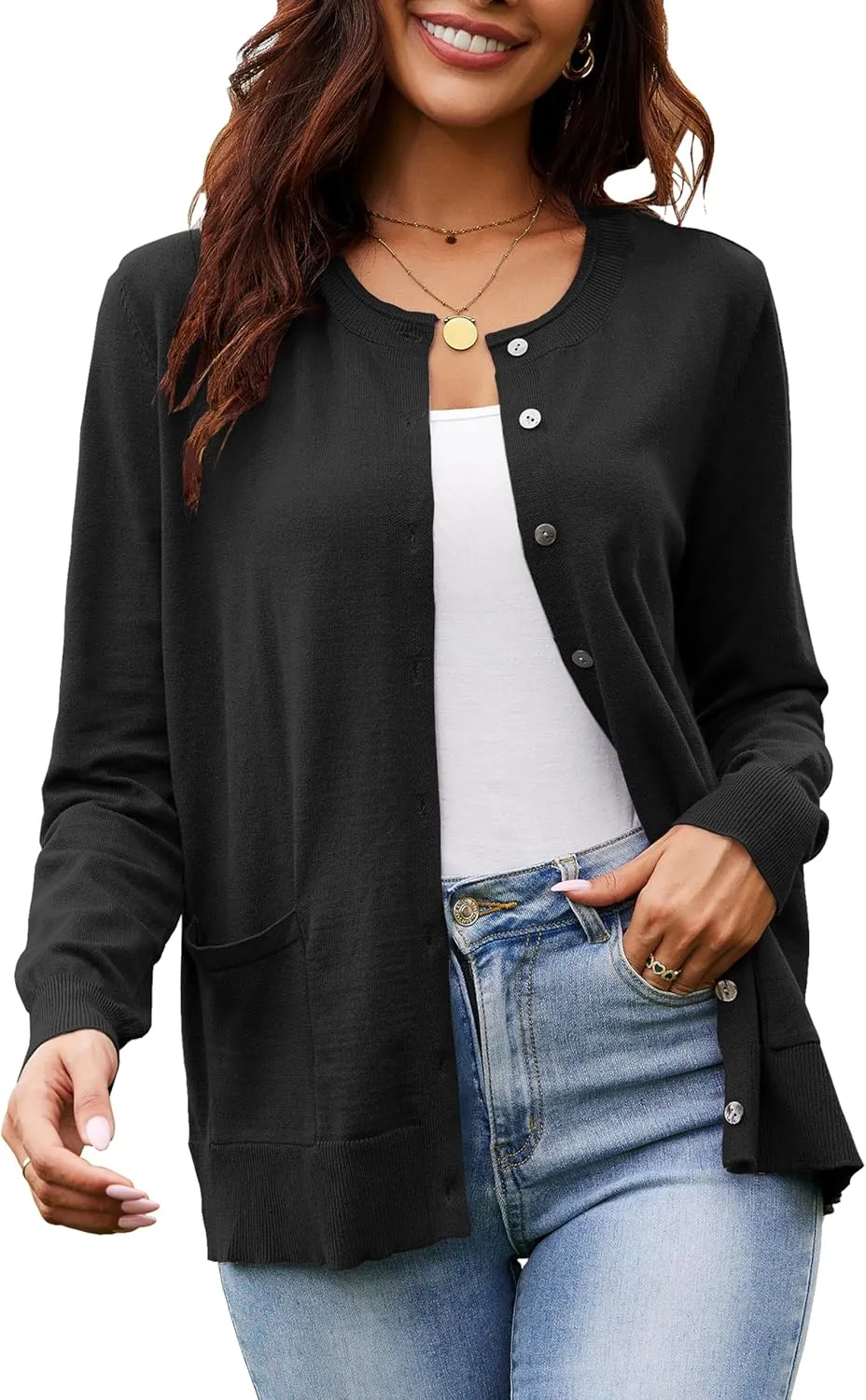 Women's Casual Open Front Button Long Sleeve Knit Pocket Lightweight Cardigan