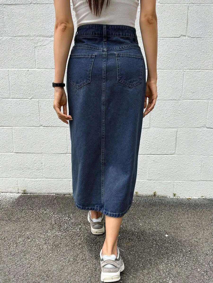 Womens Casual Slit Denim Midi Jean Skirt Stretch High Waist Frayed Button Up with Pockets