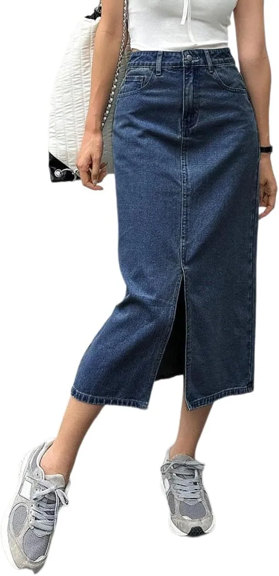 Womens Casual Slit Denim Midi Jean Skirt Stretch High Waist Frayed Button Up with Pockets