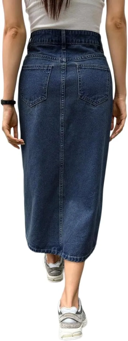 Womens Casual Slit Denim Midi Jean Skirt Stretch High Waist Frayed Button Up with Pockets