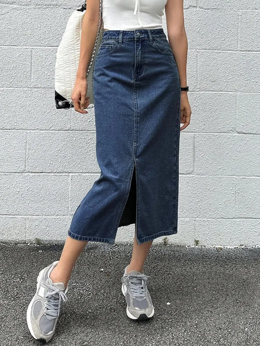 Womens Casual Slit Denim Midi Jean Skirt Stretch High Waist Frayed Button Up with Pockets
