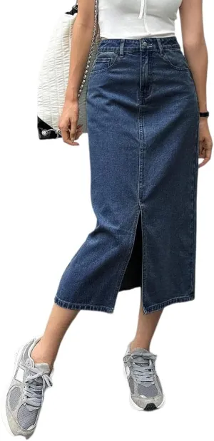 Womens Casual Slit Denim Midi Jean Skirt Stretch High Waist Frayed Button Up with Pockets