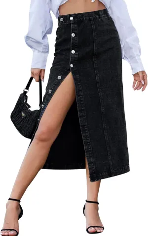 Women's Casual Slit Denim Midi Jean Skirt Stretch High Waisted Button Up Frayed with Pockets