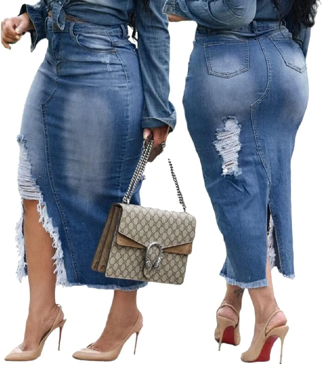 Women's Casual Slit Denim Midi Jean Skirt Stretch High Waisted Button Up Frayed with Pockets