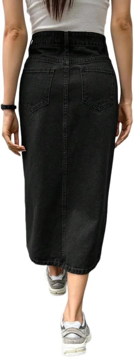 Women's Casual Slit Denim Midi Jean Skirt Stretch High Waisted Button Up Frayed with Pockets
