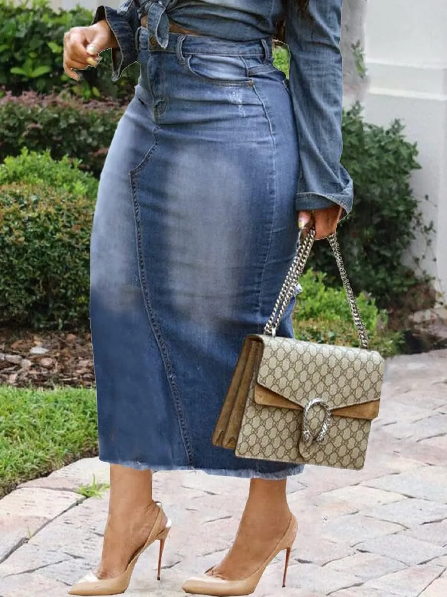 Women's Casual Slit Denim Midi Jean Skirt Stretch High Waisted Button Up Frayed with Pockets