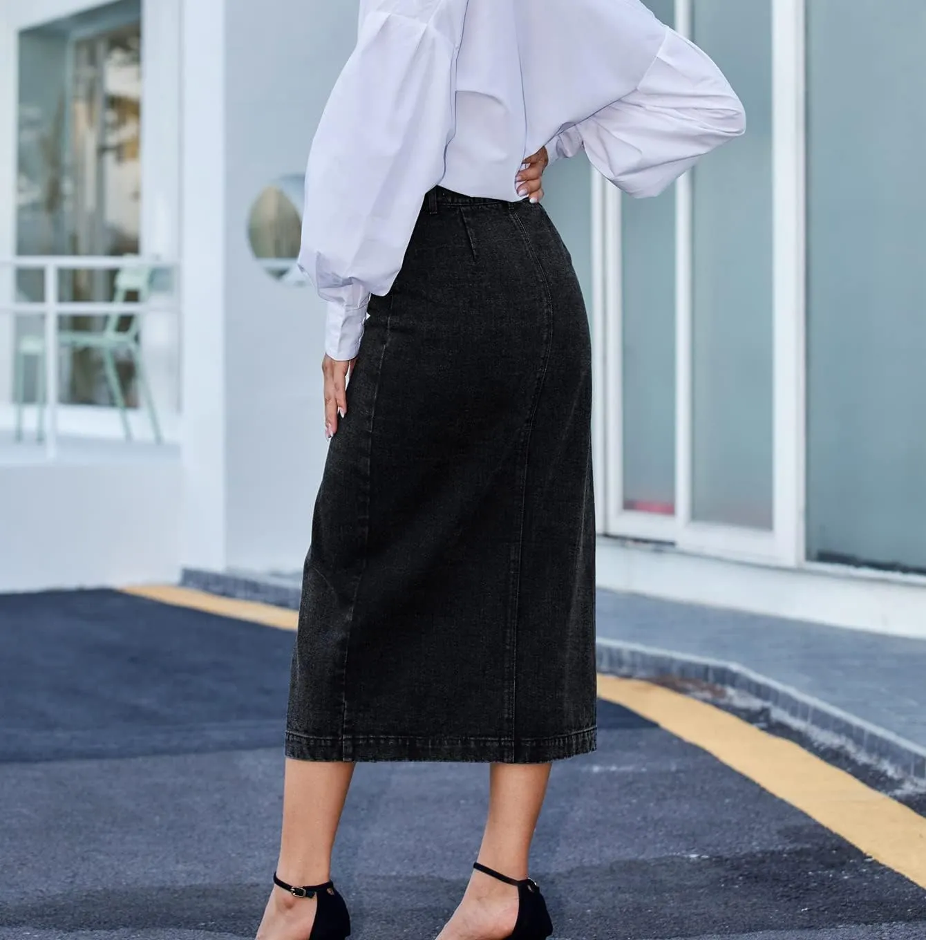Women's Casual Slit Denim Midi Jean Skirt Stretch High Waisted Button Up Frayed with Pockets