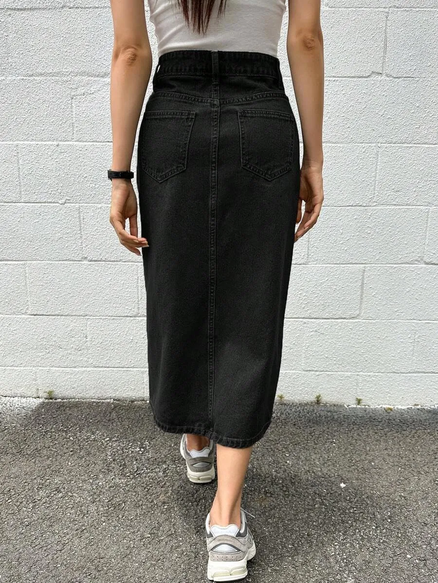 Women's Casual Slit Denim Midi Jean Skirt Stretch High Waisted Button Up Frayed with Pockets