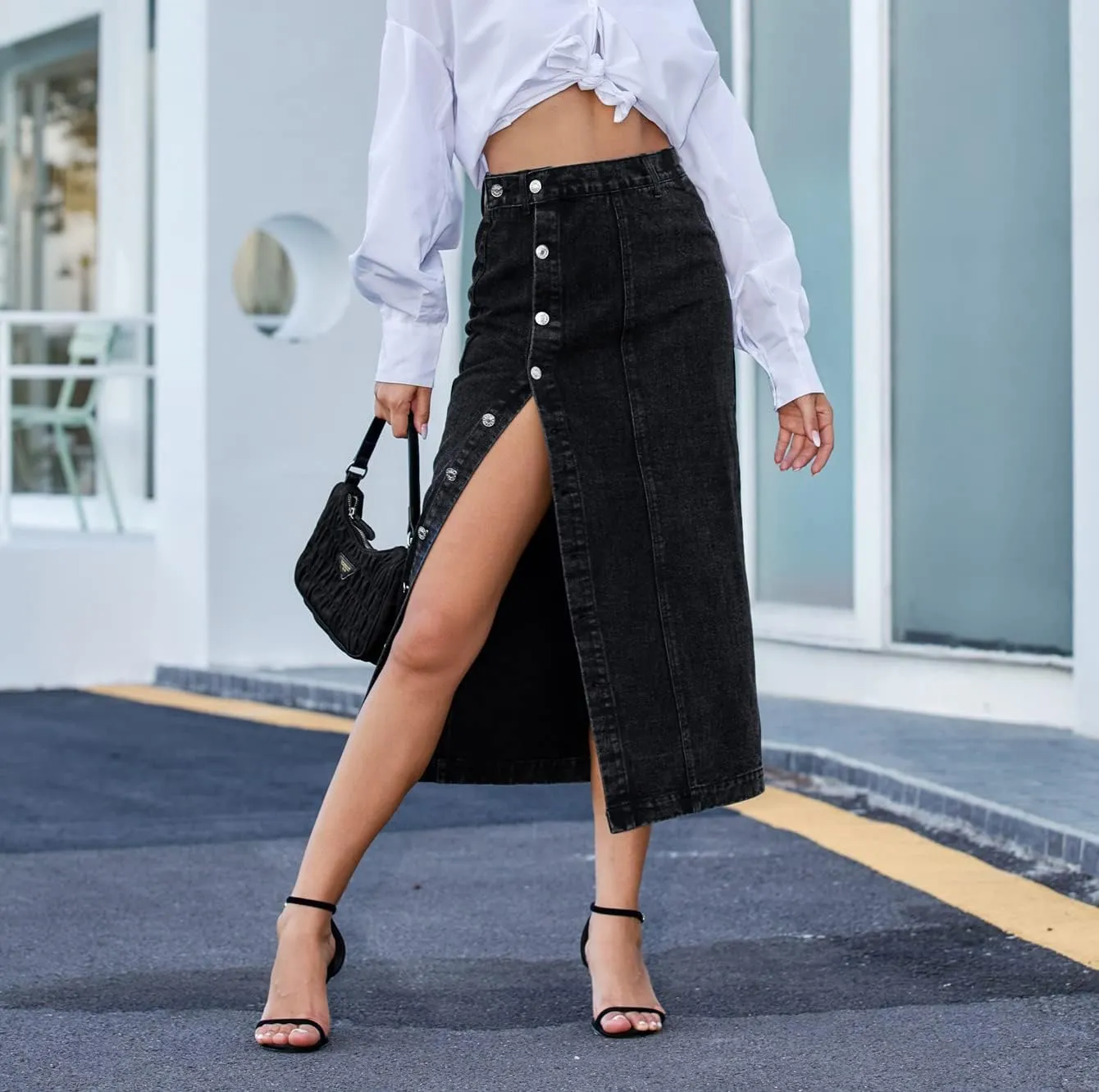 Women's Casual Slit Denim Midi Jean Skirt Stretch High Waisted Button Up Frayed with Pockets