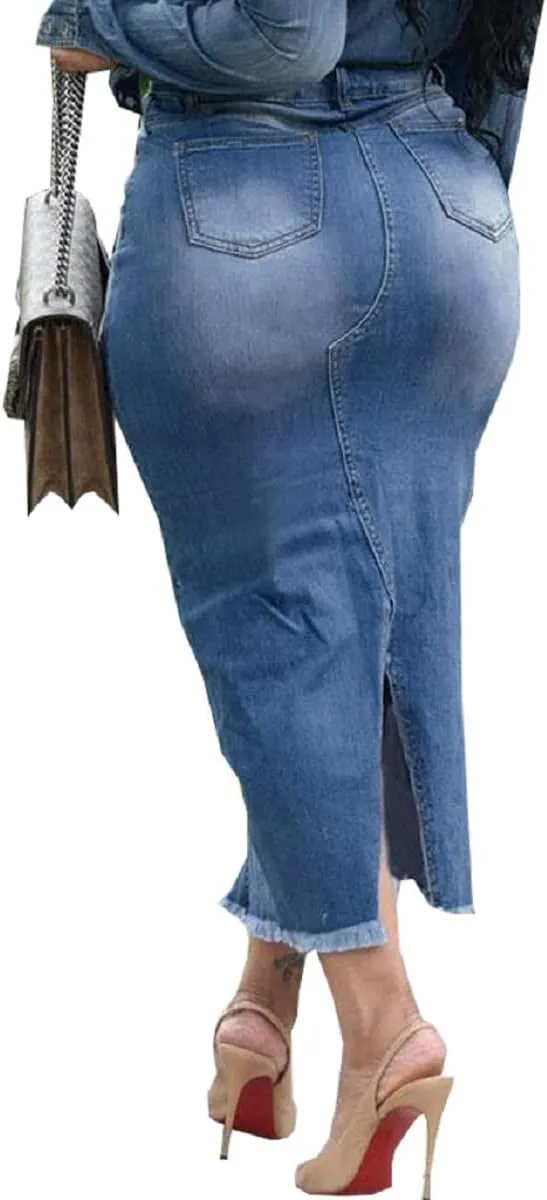 Women's Casual Slit Denim Midi Jean Skirt Stretch High Waisted Button Up Frayed with Pockets