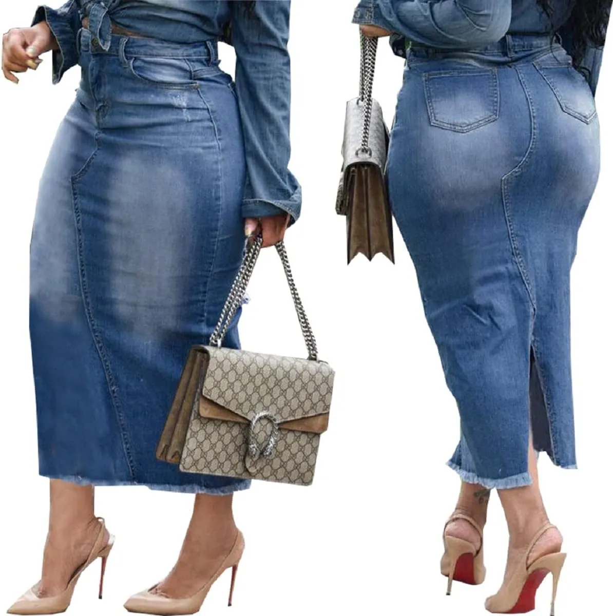 Women's Casual Slit Denim Midi Jean Skirt Stretch High Waisted Button Up Frayed with Pockets