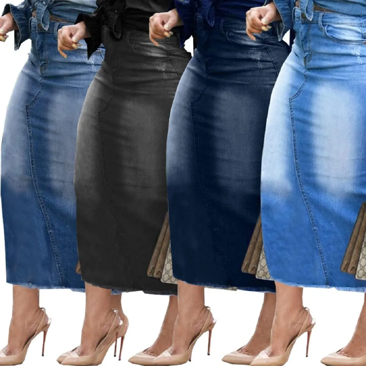 Women's Casual Slit Denim Midi Jean Skirt Stretch High Waisted Button Up Frayed with Pockets