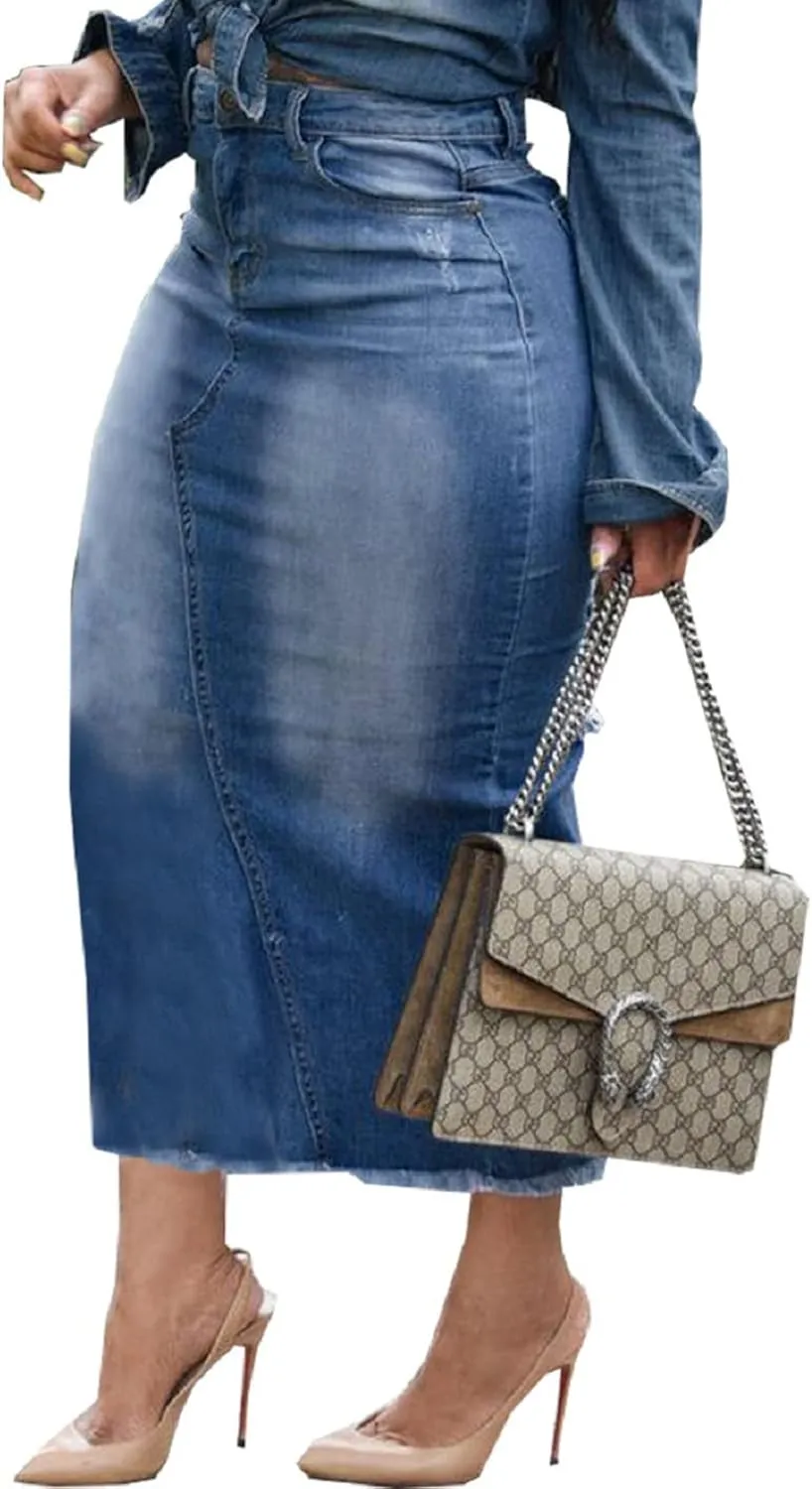 Women's Casual Slit Denim Midi Jean Skirt Stretch High Waisted Button Up Frayed with Pockets