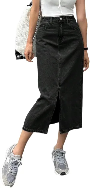 Women's Casual Slit Denim Midi Jean Skirt Stretch High Waisted Button Up Frayed with Pockets