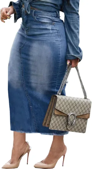 Women's Casual Slit Denim Midi Jean Skirt Stretch High Waisted Button Up Frayed with Pockets