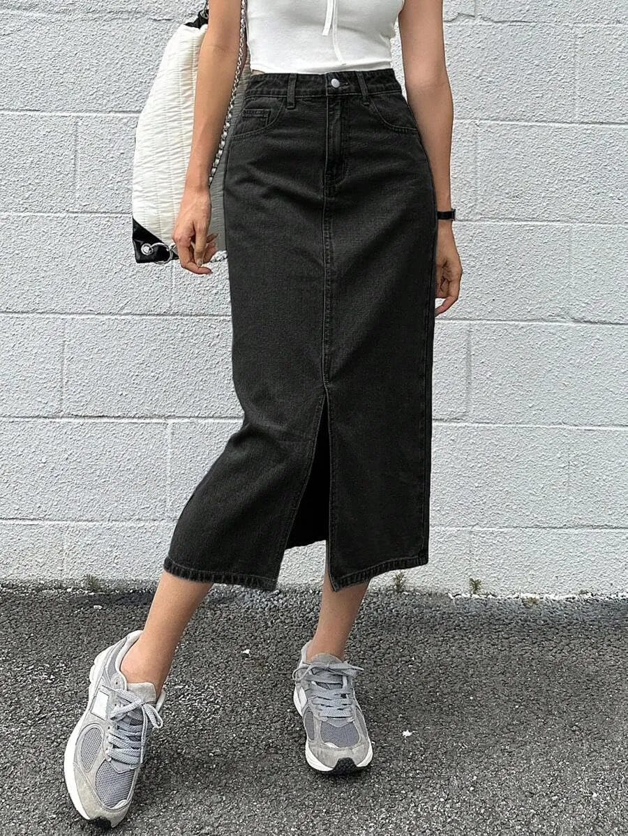 Women's Casual Slit Denim Midi Jean Skirt Stretch High Waisted Button Up Frayed with Pockets