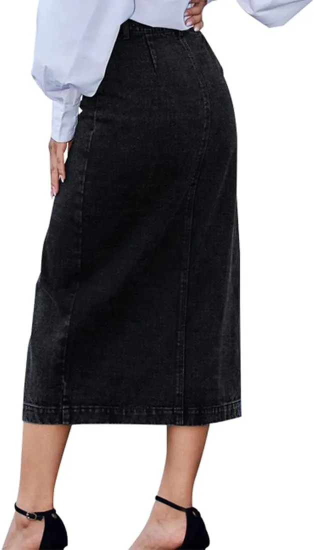 Women's Casual Slit Denim Midi Jean Skirt Stretch High Waisted Button Up Frayed with Pockets